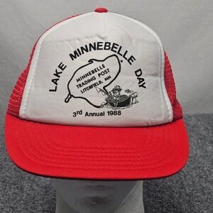 Lake Minnebelle Day Trucker Hat M‎ L Red 80s Vintage Cap Litchfield Minnesota